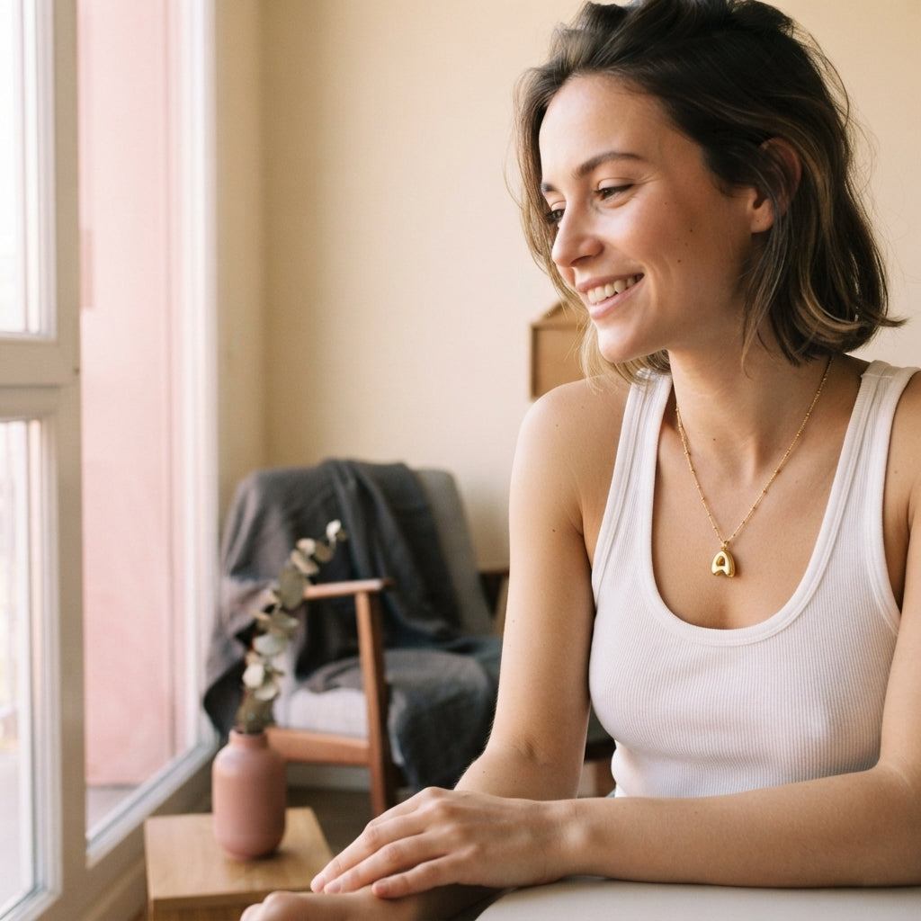 A close-up shot of a woman wearing a gold bubble initial necklace, styled in a sunlit room with warm neutral decor.